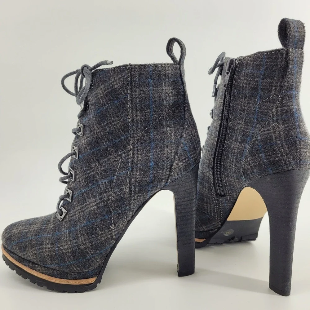 Gianni Bini Tosti Grey Plaid Lace Up Stiletto Platform Ankle Boots Womens 7M